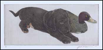 Three Works:
Upland Puppy Series
a) Black Lab with Ruddy Decoy
b) Black Lab with Mallard Decoy
c) Black Lab with Blue Bill Decoy by Jack L. Cowin vendu pour $575