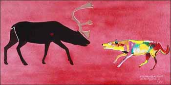 Showdown: Lone Caribou Facing Barrens Wolf (02602/2013-1665) by Henry Standing Alone sold for $875