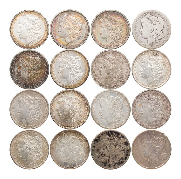 Lot of 16 USA Silver Dollars, Morgan and “Peace” – Assorted Years and Mint Marks by  USA