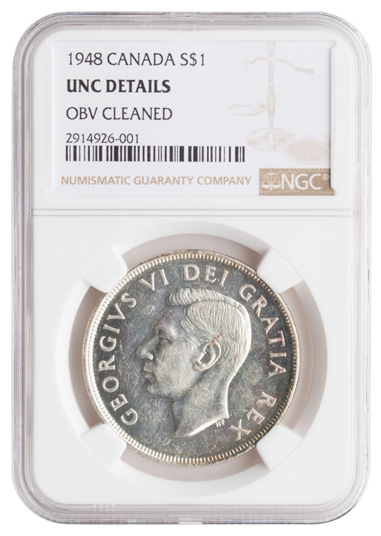 George VI Silver Dollar 1948, NGC UNC Details (Obverse Cleaned) by  Canada