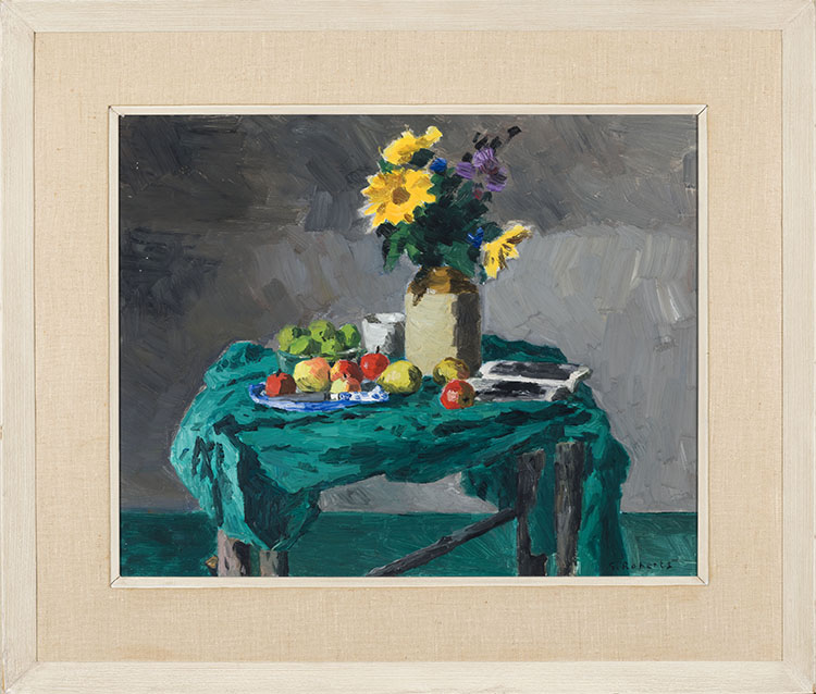 Still Life with Flowers, Apples, and Green Cloth by William Goodridge Roberts