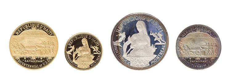 Republic Silver and Gold Proof 50 and 500 Gourdes Set, “Montreal Olympics” 1974, and Silver and Gold Proof 25 and 1000 Gourdes Set, “United States Bicentennial” 1975 par  Haiti