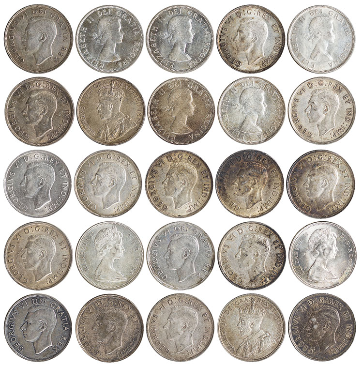 Lot of 88 George V, George VI and Elizabeth II Silver Dollars 1935-1966, Incomplete Set par  Canada