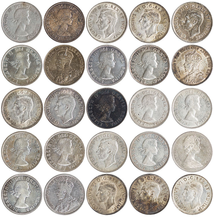 Lot of 88 George V, George VI and Elizabeth II Silver Dollars 1935-1966, Incomplete Set par  Canada