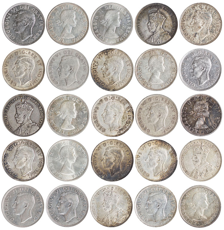 Lot of 88 George V, George VI and Elizabeth II Silver Dollars 1935-1966, Incomplete Set par  Canada