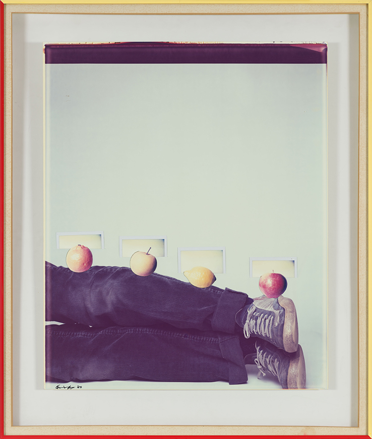 Still life - legs, 3 plastic fruits and 1 real fruit by Iain Baxter