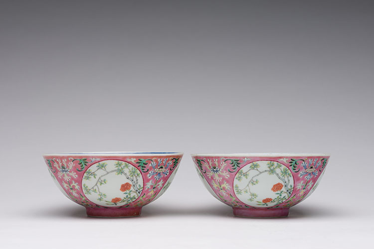 A Pair of Chinese Famille Rose Pink Ground Medallion Bowls, Daoguang Period, Republican Period by  Chinese Art