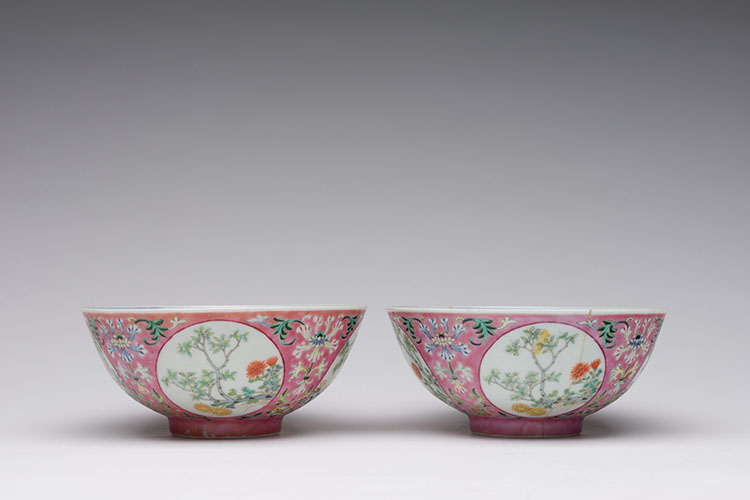 A Pair of Chinese Famille Rose Pink Ground Medallion Bowls, Daoguang Period, Republican Period by  Chinese Art