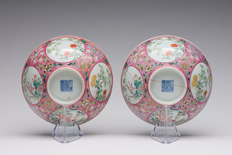 A Pair of Chinese Famille Rose Pink Ground Medallion Bowls, Daoguang Period, Republican Period by  Chinese Art