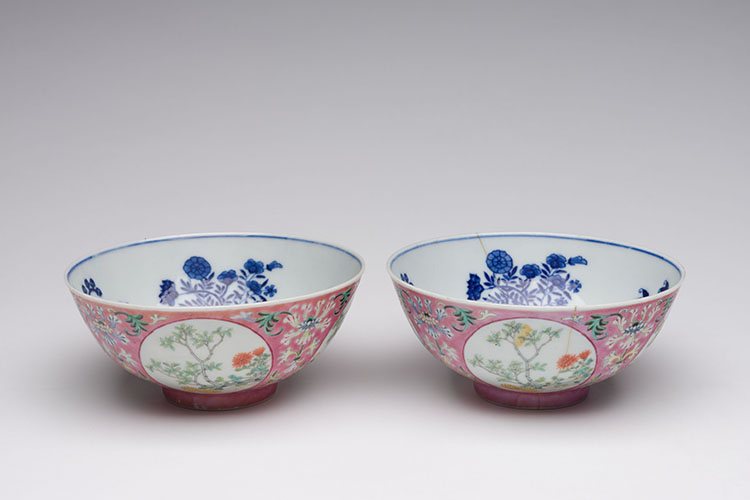 A Pair of Chinese Famille Rose Pink Ground Medallion Bowls, Daoguang Period, Republican Period by  Chinese Art