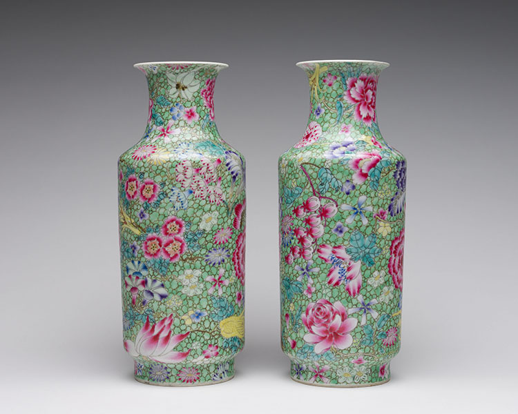 A Pair of Chinese Famille Rose 'Millefleur' Rouleau Vases, Qianlong Mark, Republican Period by  Chinese Art