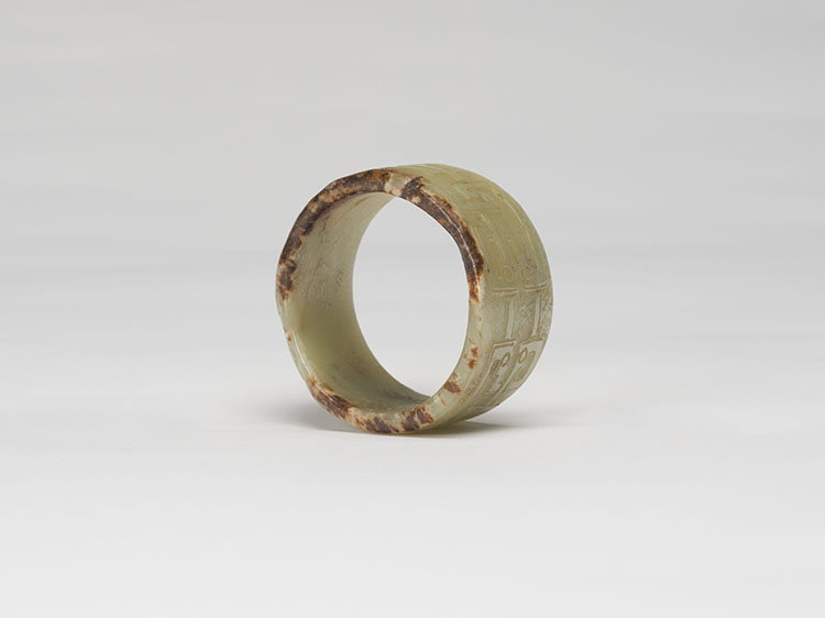 A Chinese Celadon and Russet Tubular Jade Ornament, Possibly Neolithic with Later Carving par  Chinese Art