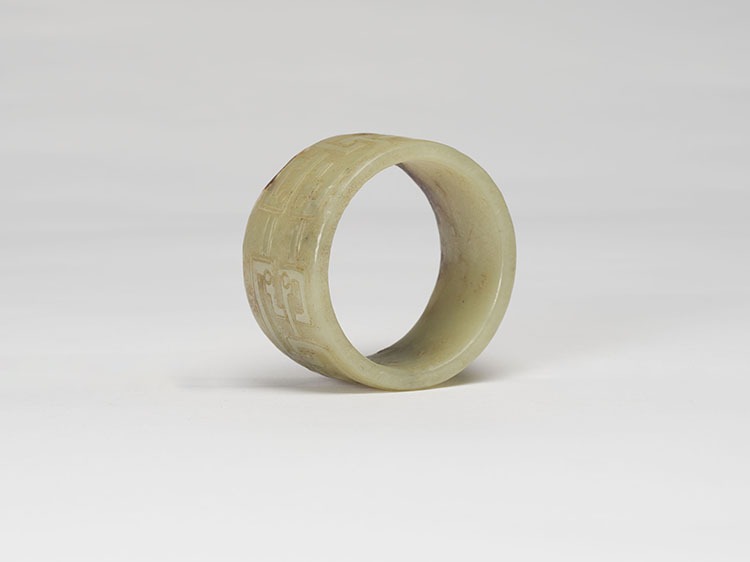 A Chinese Celadon and Russet Tubular Jade Ornament, Possibly Neolithic with Later Carving par  Chinese Art