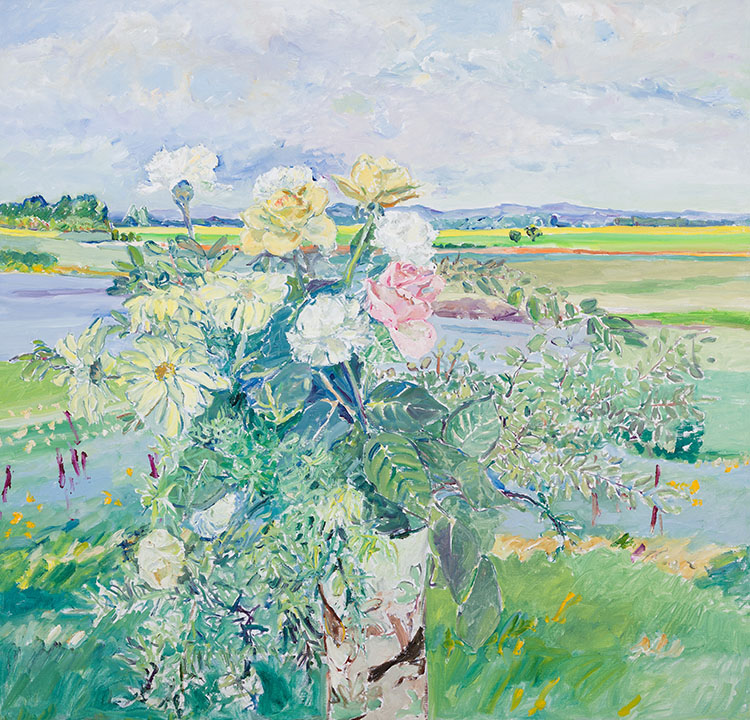 Flowers and a Green Landscape by Dorothy Knowles