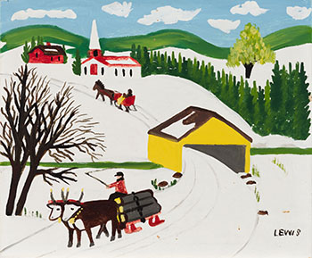 Ox Team Hauling Logs with Single Horse-Drawn Sled in Distance by Maud Lewis sold for $49,250