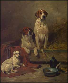 Foxhounds and Terrier Waiting for the Hunt by John Emms vendu pour $86,250