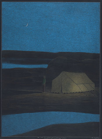 The Tent is Lighted with a Coleman Lantern (Quiet and Peaceful Night) by Itee Pootoogook sold for $7,500