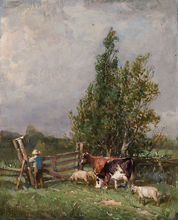 Farmyard Scene by Peleg Franklin Brownell vendu pour $1,875
