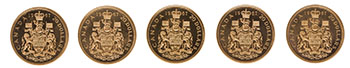 Five Elizabeth II Gold Specimen 20 Dollars 1967, “Confederation Centennial – Canadian Coat of Arms” by  Canada sold for $9,375