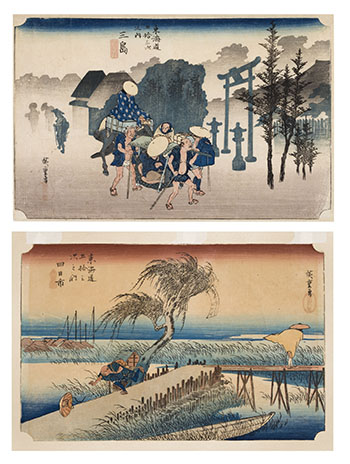 Two Views: Mishima, Morning Mist and Yokkaichi, Mie River by Ando Hiroshige vendu pour $1,000