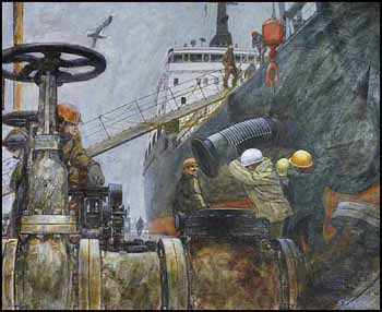 Texaco Workers Lifting Pipe from Ship (00709/2013-647) by Brian R. Johnson vendu pour $125
