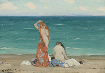 Two Nymphs on the Beach / White Painted Farmhouse (verso) par Clarence Alphonse Gagnon
