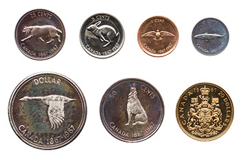 7-Piece Elizabeth II Specimen Set 1967 incl. Specimen Gold 20 Dollars, “Confederation Centennial – Canadian Coat of Arms” by  Canada