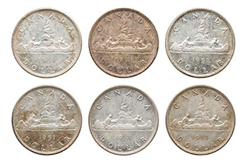 Six George VI Silver Dollars 1951, SWL and FWL by  Canada