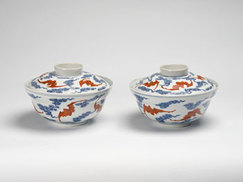 A Pair of Chinese Blue, White and Iron Red 'Wufu' Ogee Bowls and Cover, Guangxu Mark and Period (1875-1908) by  Chinese Art