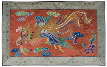 A Chinese Red Silk Ground Phoenix Panel Fragment, 19th Century par  Chinese Art