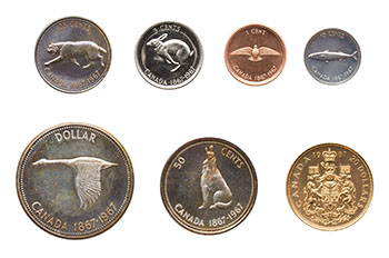 7-Piece Elizabeth II Specimen Set 1967 incl. Specimen Gold 20 Dollars, “Confederation Centennial – Canadian Coat of Arms” by  Canada