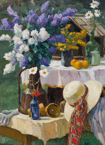 Garden Still Life with Summer Hat and Lilacs par Helmut Gransow