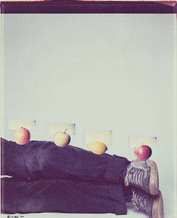 Still life - legs, 3 plastic fruits and 1 real fruit by Iain Baxter