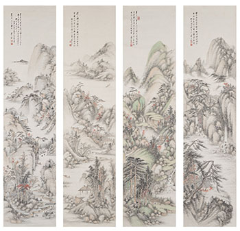 A Set of Four Scrolls of Landscape Painting par Lu Zishu