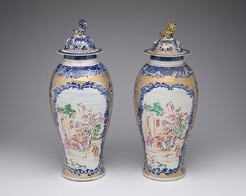 A Pair of Large Chinese Export Mandarin Rose 'Figural' Vases and Covers, Qianlong Period (1736-1795) by  Chinese Art