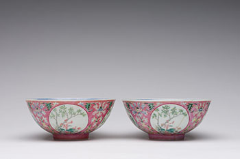 A Pair of Chinese Famille Rose Pink Ground Medallion Bowls, Daoguang Period, Republican Period by  Chinese Art