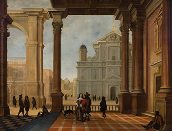 An Architectural Capriccio with Elegant Figures and a Church Beyond by Bartholomeus van Bassen