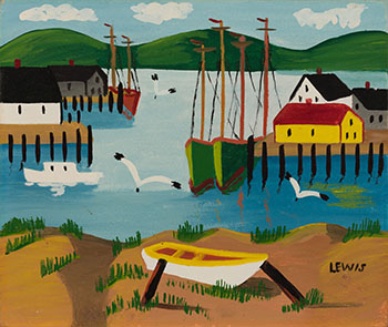 Maritime Harbour with Piers and Dinghy on Shore by Maud Lewis