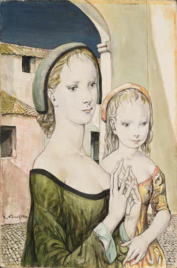 Mère et fille sous un porche de village by Léonard Tsuguharu Foujita