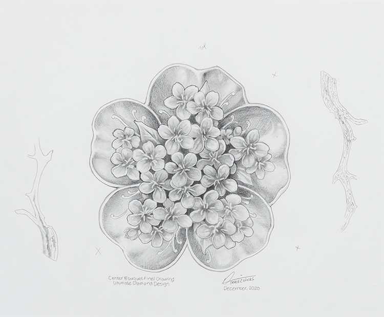 Concept Drawing—Centre Bouquet 
Final Drawing, The Ultimate Diamond Design / Étude de concept—Dessin final du bouquet central, Motif diamantaire, pièce Summum by Derek C. Wicks