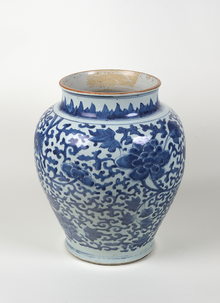 A Large Chinese Blue and White 'Lion and Peonies' Guan Jar, Ming Dynasty, Wanli Period (1573 - 1620) by  Chinese Art