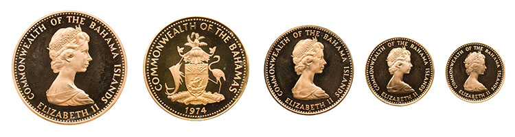Four-coin Gold Proof Set 1971 and 100 Dollars Gold "Independence Anniversary" 1974, Total AGW (5 Pieces) 2.4092 oz par  Bahamas