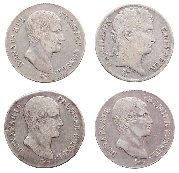Lot of Four Napoleon Bonaparte Silver 5 Francs, as Premiere Consul and Emperor by  France