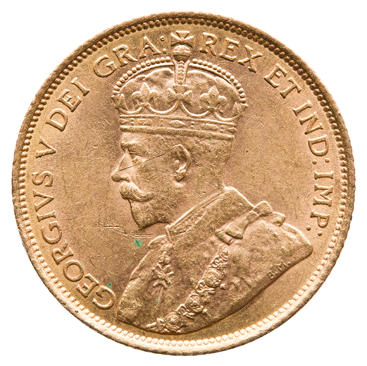 George V Gold Five Dollars 1912, About Uncirculated par  Canada