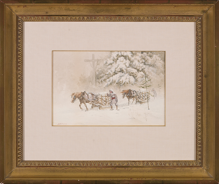 Two Horse-Drawn Sleighs Hauling Logs Past a Wayside Cross par John B. Wilkinson