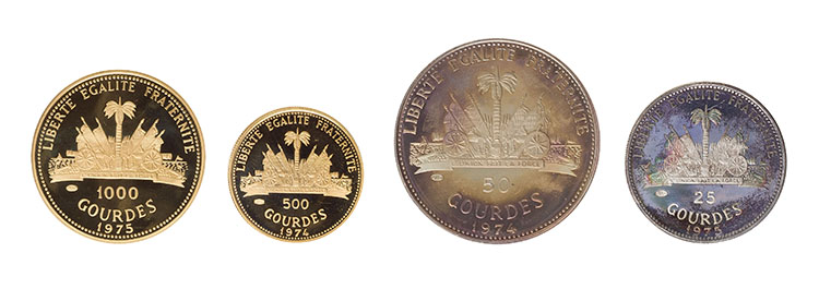 Republic Silver and Gold Proof 50 and 500 Gourdes Set, “Montreal Olympics” 1974, and Silver and Gold Proof 25 and 1000 Gourdes Set, “United States Bicentennial” 1975 by  Haiti