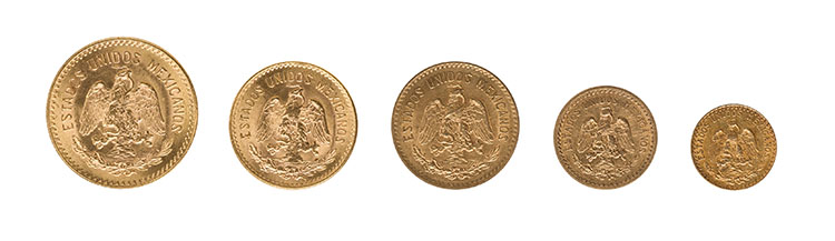 Lot of Five Republic Gold Coins – Two, Two and a Half, Five (2) and Ten Pesos by  Mexico