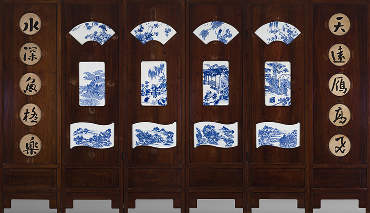 Six-Panel Chinese Blue and White Porcelain and Calligraphy Folding Screen, Late Qing Dynasty par  Chinese Art
