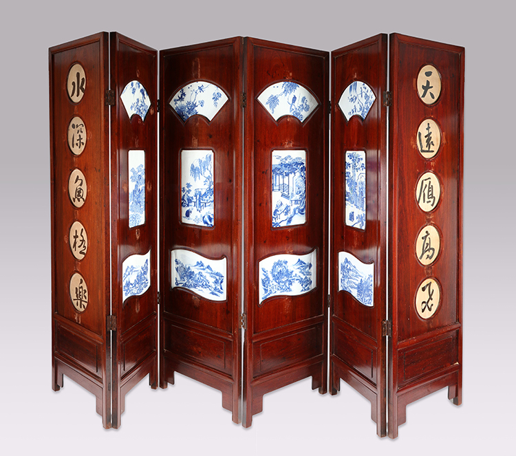 Six-Panel Chinese Blue and White Porcelain and Calligraphy Folding Screen, Late Qing Dynasty by  Chinese Art