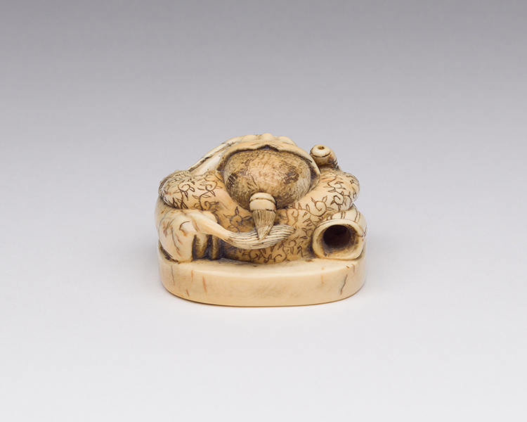 An Unusual Japanese Ivory Seal-Form Chinese Man and Mythical Beast, 19th Century by  Japanese Art